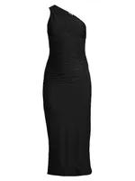 Asymmetric Ruched Jersey Midi-Dress