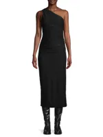 Asymmetric Ruched Jersey Midi-Dress