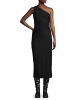 Asymmetric Ruched Jersey Midi-Dress