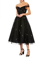 Embellished Off-The-Shoulder Midi-Dress