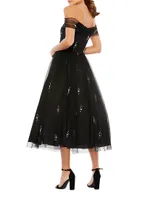 Embellished Off-The-Shoulder Midi-Dress