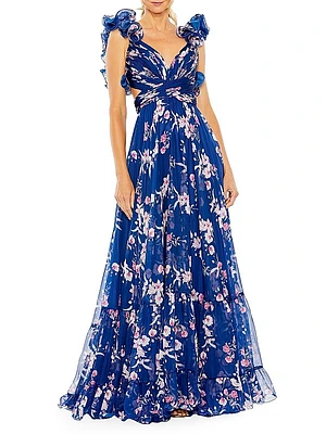 Floral Ruffled Tiered Chiffon Gown