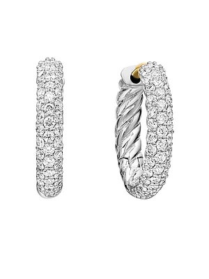 Petite Pavé Huggie Hoop Earrings in Sterling Silver with Diamonds, 14mm