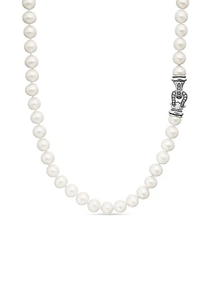 Sterling Silver & White Cultured Freshwater Pearl Necklace With Diamonds
