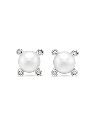 Pearl Stud Earrings in Sterling Silver with Pearls and Diamonds, 7.4mm