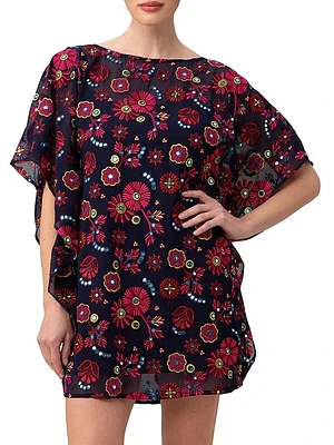 Anissa Floral-Embroidered Mini Caftan