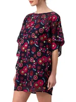 Anissa Floral-Embroidered Mini Caftan
