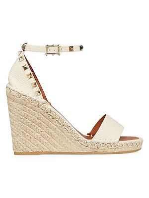 Double Rockstud Grainy Calfskin Wedge Sandals 105 mm