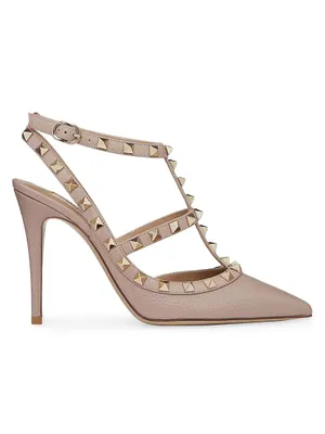 Rockstud Grainy Leather Ankle Strap Pumps 100 Mm