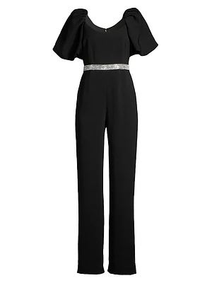 Crystal-Embellished Puff-Sleeve Jumpsuit