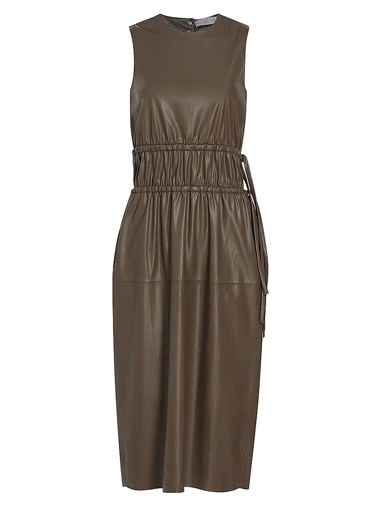 Faux Leather Ruched Midi-Dress