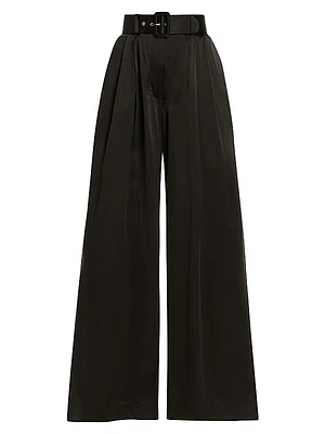 Belted Pleated Wide-Leg Silk Pants