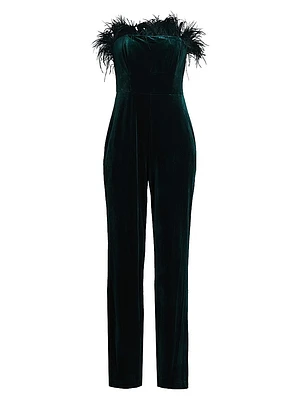 Velvet Feather-Trim Jumpsuit