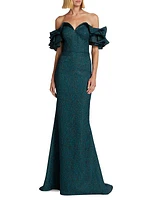 Metallic Ruffle Off-the-Shoulder Gown
