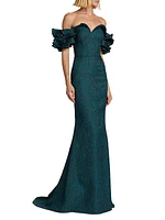 Metallic Ruffle Off-the-Shoulder Gown
