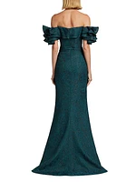 Metallic Ruffle Off-the-Shoulder Gown
