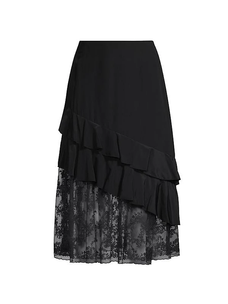 Embroidered Silk Ruffled Midi-Skirt
