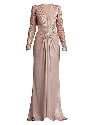 V-Neck Metallic Jersey Gown