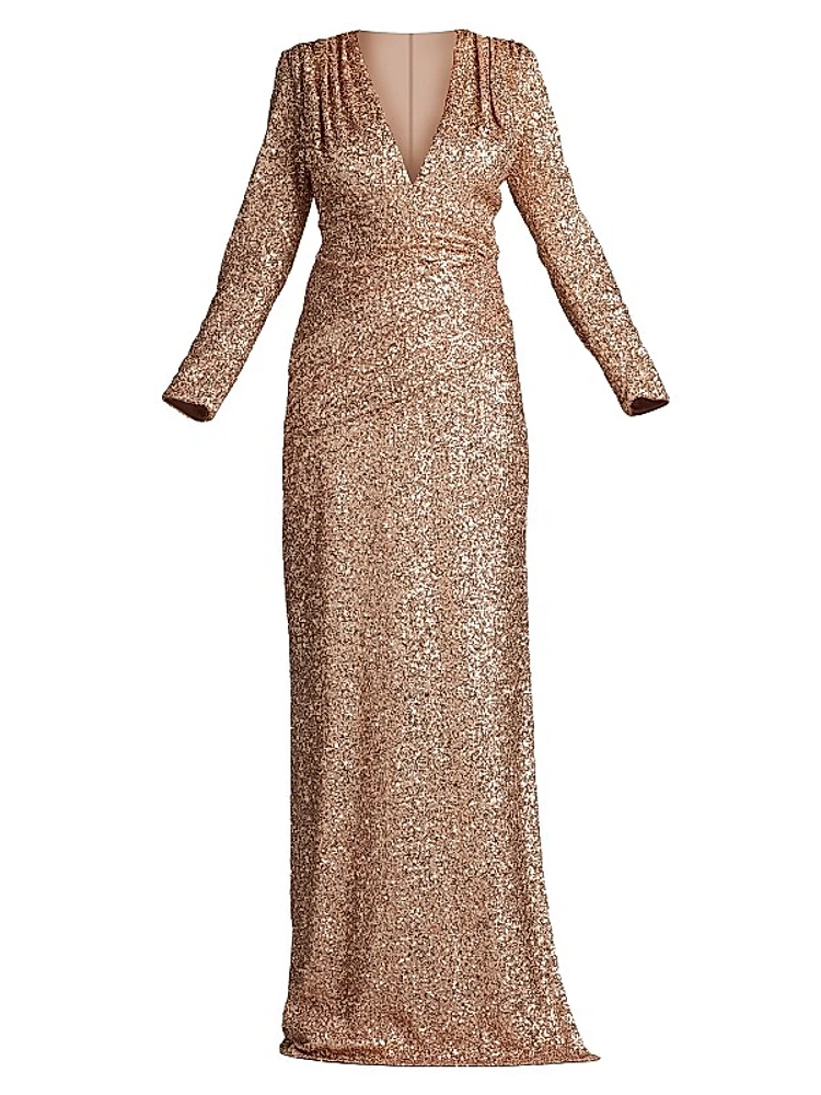 Long Sleeve Sequined V-Neck Gown
