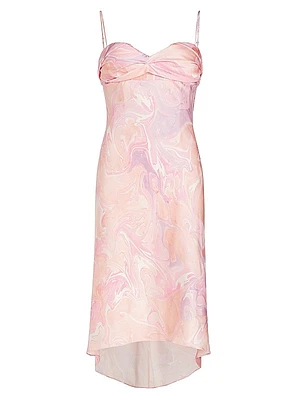 Draped Bustier Abstract Silk Midi-Dress