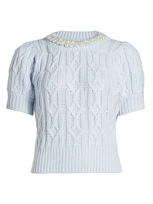 Faux Pearl Cable-Knit Short-Sleeve Sweater