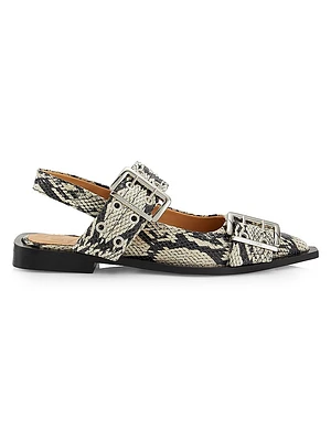 Chunky Buckle Snake-Embossed Slingback Flats