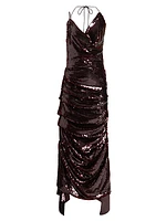 Sequined Fitted Asymmetric Ruched Gown
