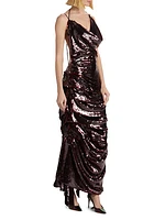 Sequined Fitted Asymmetric Ruched Gown