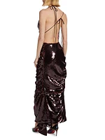 Sequined Fitted Asymmetric Ruched Gown