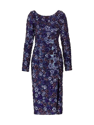 Long-Sleeve Sequined Tulle Cocktail Midi-Dress