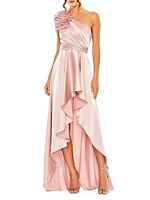 Asymmetric Ruffled Satin High-Low Gown