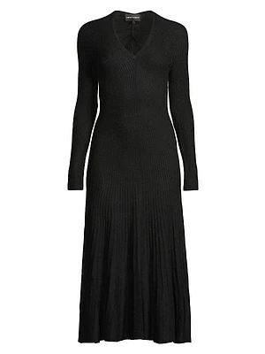 Pleated Ribbed-Knit Midi-Dress
