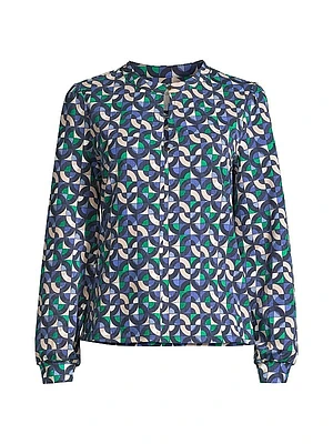 Geo Waves Stretch Cotton-Blend Blouse