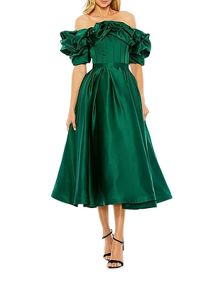 Satin Off-the-Shoulder Midi-Dress