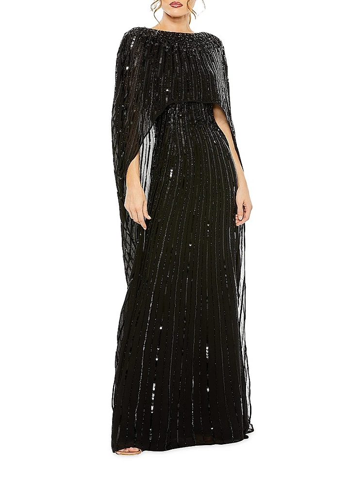 Sequined Column Cape Gown
