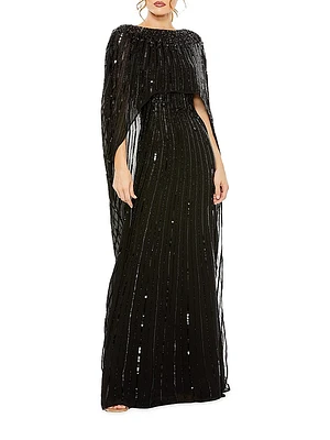 Sequined Column Cape Gown