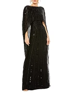 Sequined Column Cape Gown