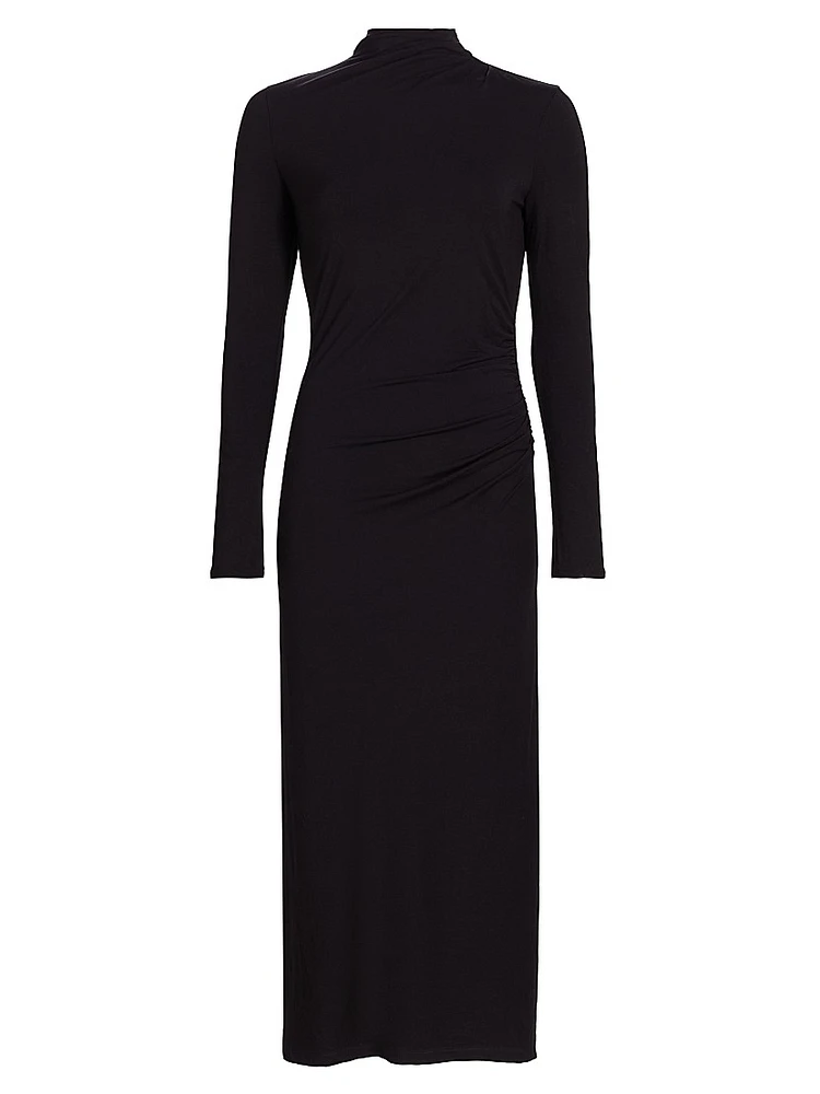 Gathered Long-Sleeve Midi-Dress