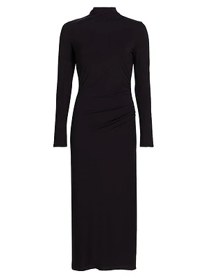Gathered Long-Sleeve Midi-Dress