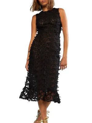 Tulle Floral Appliqué Midi-Dress