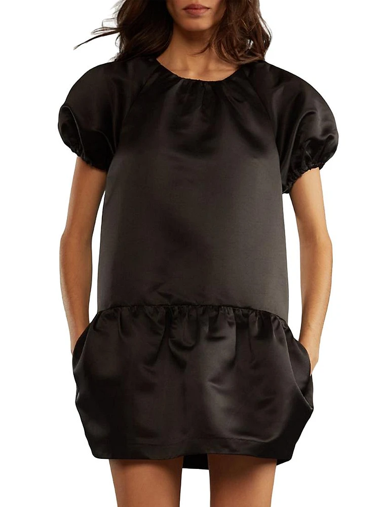 Tulip Puff-Sleeve Satin Minidress