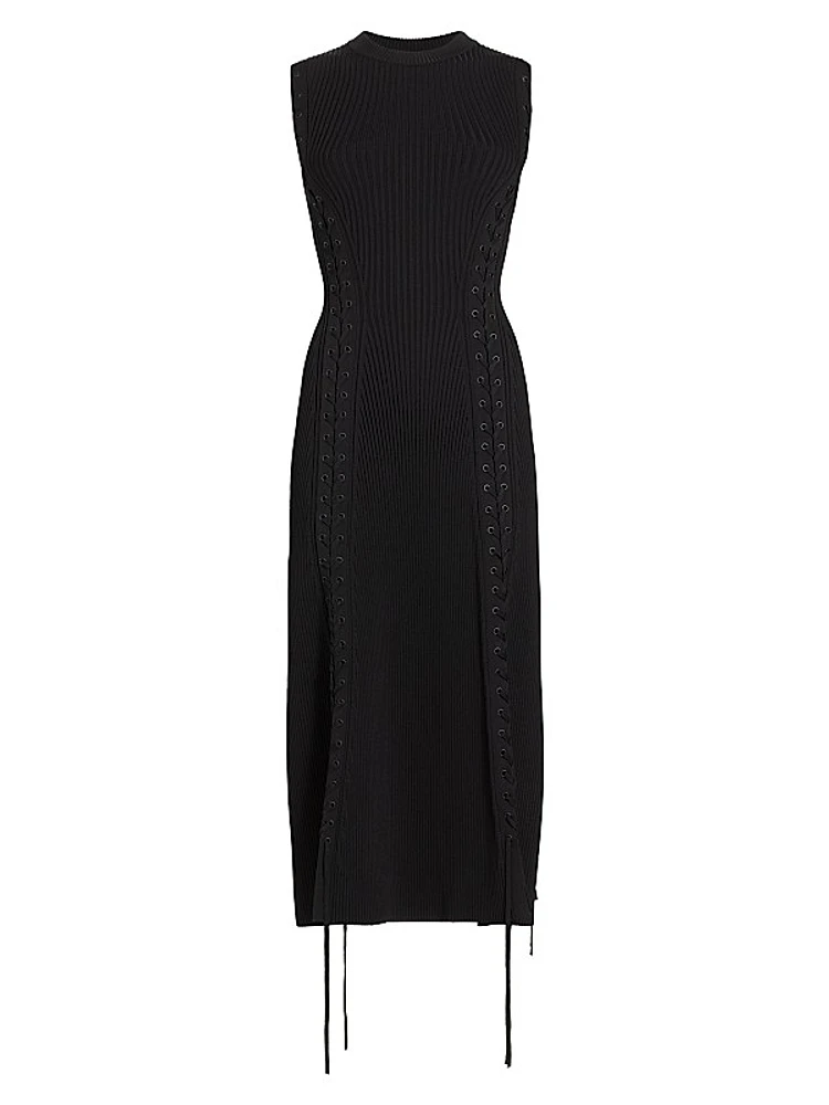 Lorena Lace-Up Ribbed Midi-Dress