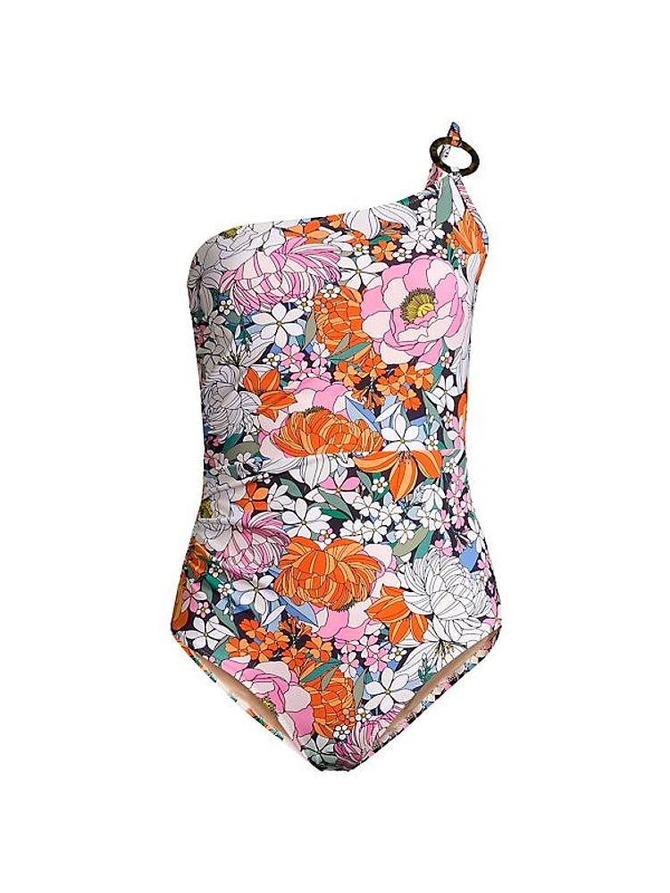 Kara Floral One-Shoulder Ring One-Piece Swimsuit