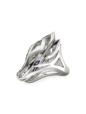 Naga Dragon Sterling Silver, 0.14 TCW Diamond & Blue Sapphire Saddle Ring