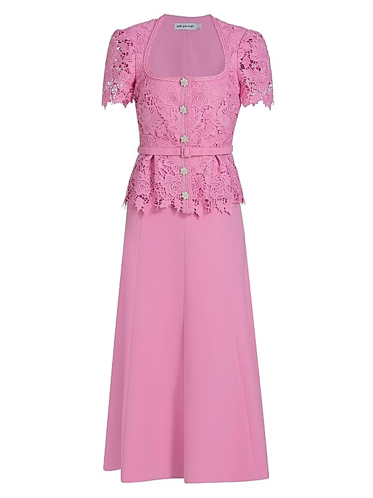 Mixed-Media Lace Midi-Dress