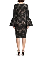 Metallic Lace Bell-Sleeve Sheath Dress