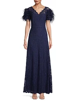 Lace & Feather V-Neck Gown