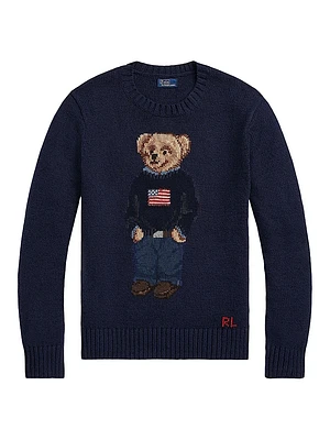 Cotton-Linen Crewneck Bear Sweater