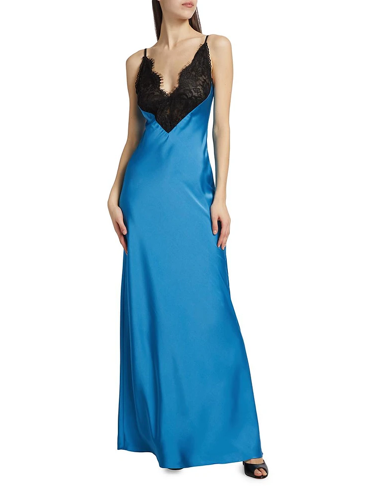 Malo Colorblocked Lace-Trimmed Satin Maxi Dress