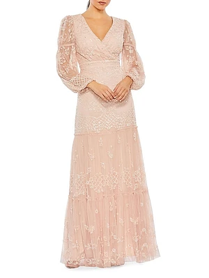 Embellished Tulle Puff-Sleeve Gown